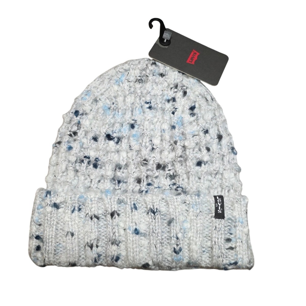 Levi's Textured Holiday Beanie Blue White Flecked Logo NWT